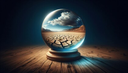 Crystal ball, desert landscape, cracked earth, wooden pier, storm clouds, moonlight, reflective sphere, wooden table, surreal, atmospheric, mystical, dramatic lighting, contrast, fortune telling, prop
