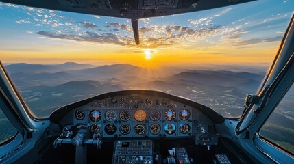 Sunrise view from airplane cockpit.
