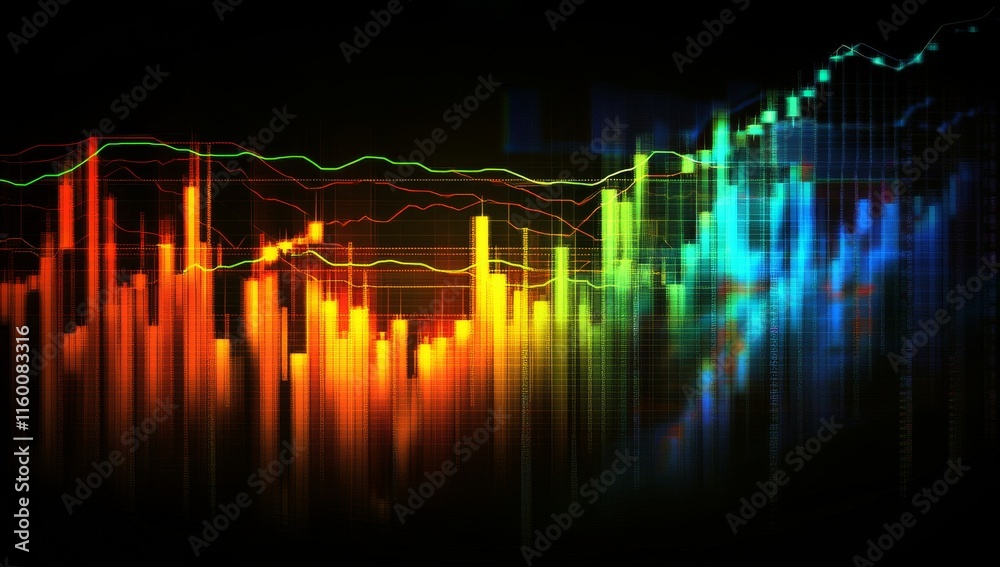 Poster Colorful financial data visualization with dynamic charts and graphs on black background.