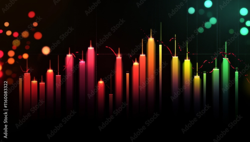 Poster Colorful vibrant financial graph data visualization with bokeh lights.
