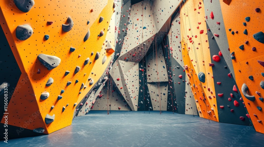 Poster a vibrant rock climbing gym with climbing gear and challenging routes, climbing tools and dynamic cl
