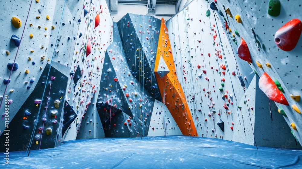 Poster a vibrant rock climbing gym with climbing gear and challenging routes, climbing tools and dynamic cl