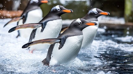 Fototapeta premium Gentoo penguins running into water, splashing.