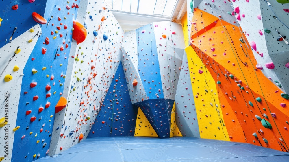 Poster a vibrant rock climbing gym with climbing gear and challenging routes, climbing tools and dynamic cl