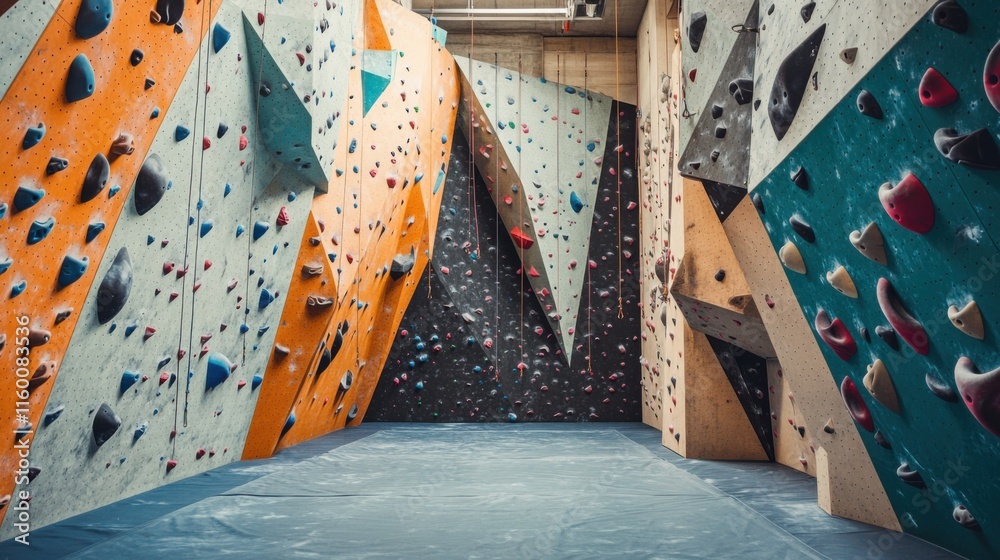 Poster a vibrant rock climbing gym with climbing gear and challenging routes, climbing tools and dynamic cl