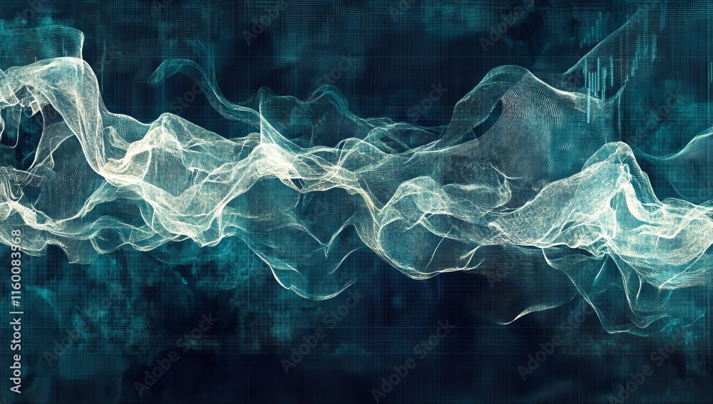 Poster Abstract teal background with flowing white smoke, resembling data streams or waves.