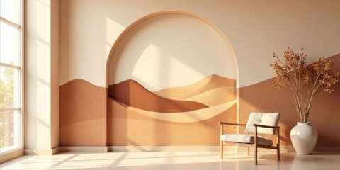 Serene Minimalist Living Room with Earthy Tones and Archway Accent Wall Featuring Abstract Sand Dune Design