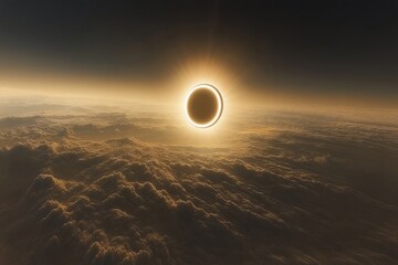 Obraz premium Annular solar eclipse viewed from above the clouds.