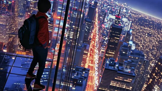 An anime teenager with a backpack is walking along the glass wall of a high-rise building. The night city lights are visible outside the window, in a side view, anime style illustration, 