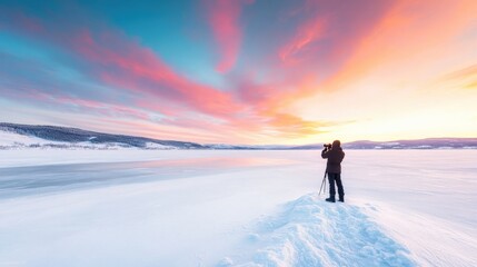 Capturing the Beauty of a Winter Sunrise Over a Frozen Lake with Vibrant Colors and Dramatic Clouds in a Serene Snowy Landscape