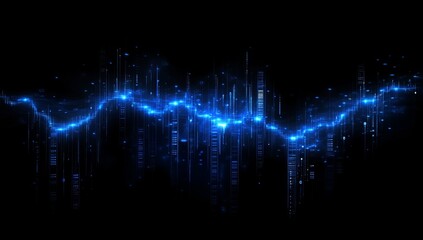 Abstract blue digital wave energy flow on black background.