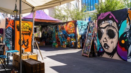 Obraz premium A vibrant street art festival with graffiti artworks and urban art installations, Artistic displays and vibrant murals set up for creative expression, Classic photo of
