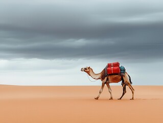 Camel with vintage luggage trekking through a sandy storm, animal travel, challenging desert journey