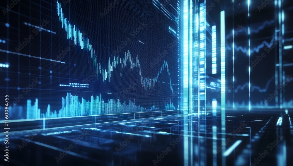 Poster Abstract blue digital data graphs and charts in a futuristic space.