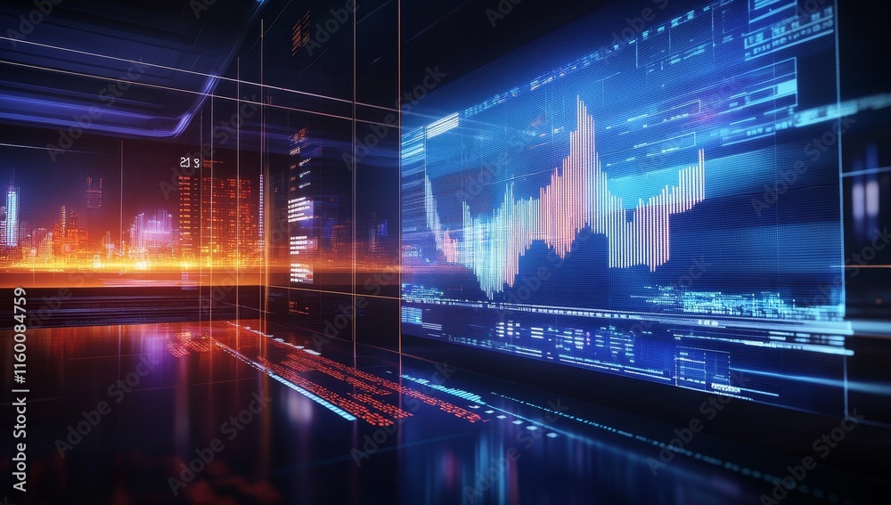 Poster futuristic digital data center with financial graphs and city skyline.