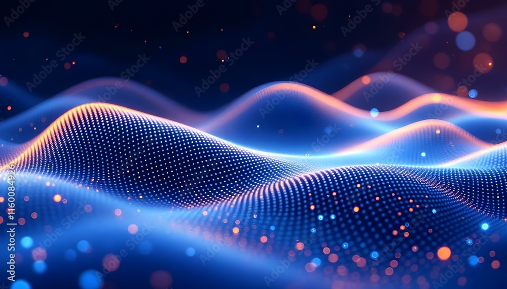 Poster dotted abstract background, blue and grey dots in perspective flow, big data technology. 3d abstract