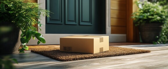 A cardboard box sits on a doormat in front of a house, ready for delivery.