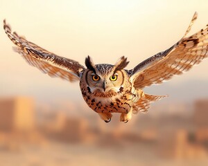Obraz premium Owl flying over desert ruins with a travel map in its talons, animal travel, discovering lost worlds