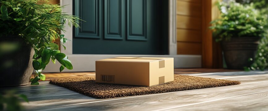 A cardboard box sits on a doormat in front of a house, ready for delivery.