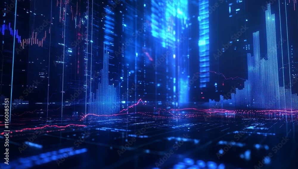 Poster futuristic city skyline with glowing data streams and stock market graphs.