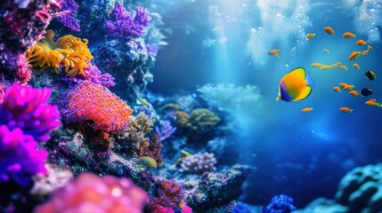 Fototapeta premium A vibrant underwater scene teeming with marine life, Scuba diving gear meticulously arranged, Natural photo of