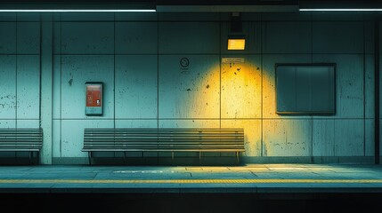 Dimly Lit Train Station Platform with Bench and Waiting Area