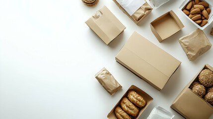 A variety of baked goods and packaging materials arranged on a clean surface.