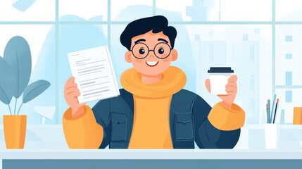 Cheerful person in a cozy sweater holding documents and a coffee cup, smiling in a bright and airy workspace with plants and stationery around them