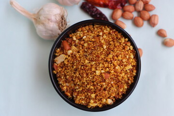 Shengdana chutney, Dry peanut garlic chutney made from red chilly and groundnut and garlic which is famous in maharashtra, spicy peanut crunch, Indian traditional food