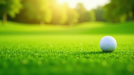 Obraz premium A single golf ball rests on a vibrant green putting green, bathed in the warm glow of sunlight, a picturesque scene of outdoor recreation and leisure