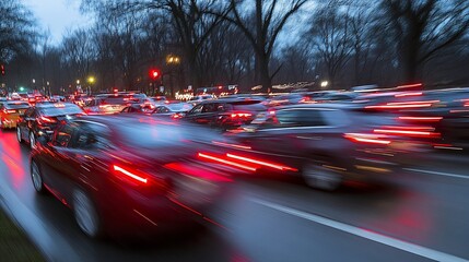 Blurred motion of cars on city street at dusk.