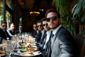 Stylish men in suits at a luxurious restaurant, enjoying a meal together. Ideal for business, success, or celebration themes.