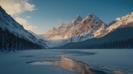 Majestic snow-capped mountains reflected in a partially frozen lake at sunrise.