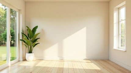 Fototapeta premium Sunlit Empty Room with Hardwood Floor and Lush Potted Plant