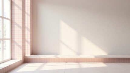 Fototapeta premium Sunlit Room with Window and Built-in Bench Featuring a Soft Pink and White Color Palette