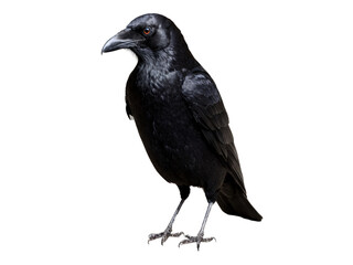 Fototapeta premium A close-up of a crow, with its sharp eyes, black feathers, and slightly ruffled wings. The bird is isolated on a transparent background, showing intricate details_