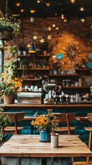 Fototapeta premium Cozy Cafe Interior with Flower Arrangements and Warm Ambiance