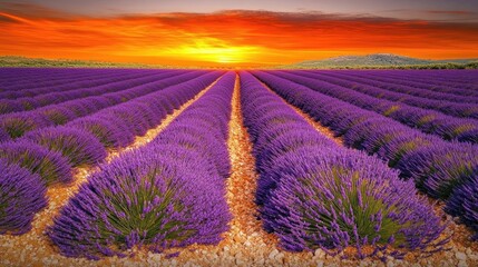 Obraz premium A vibrant lavender field under a dramatic sunset sky.