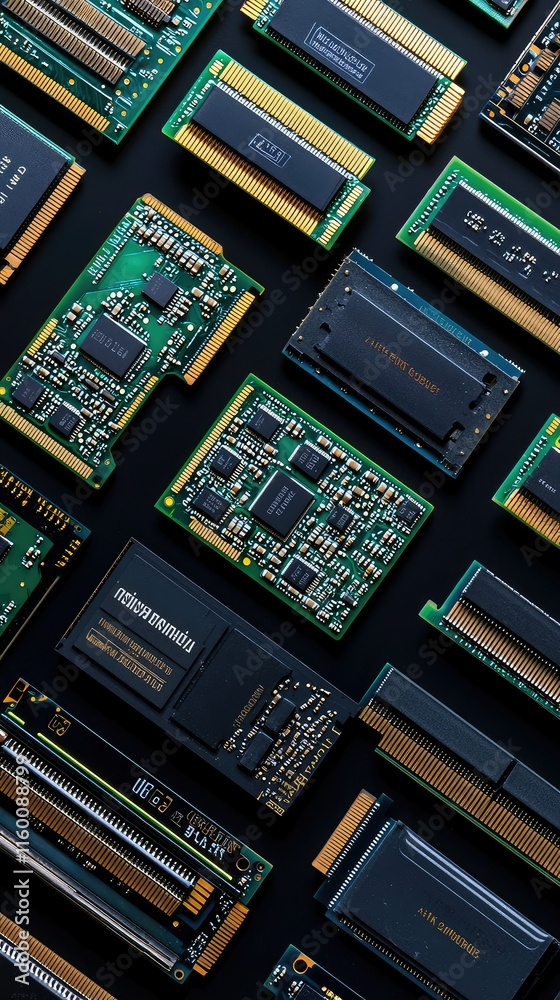 Poster high-quality close-up of various computer memory modules on surface