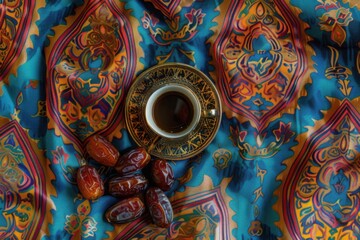 Naklejka premium Aromatic Coffee and Dates on a Vibrant Persian Fabric Background: Exquisite Still Life Photography