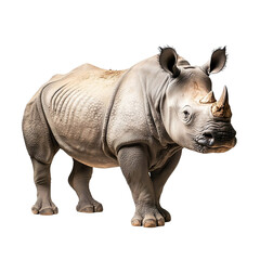 Fototapeta premium Angled view full body shot of an extremely perfect looking single Indian Rhinoceros animal isolated on a white transparent background