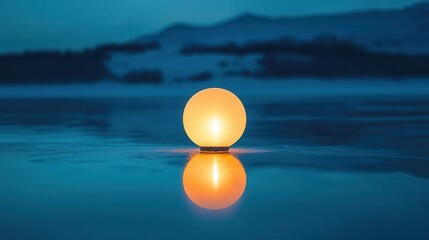 A serene frozen lake with balloon lanterns glowing warmly, reflecting off the icy surface