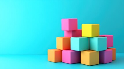Obraz premium Colorful Blocks Stacked on a Turquoise Background: A Playful Composition of Cubes