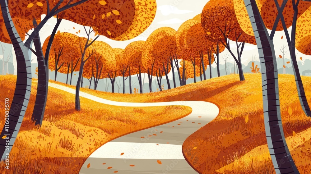 Aufkleber winding path through autumnal forest with golden leaves and trees.