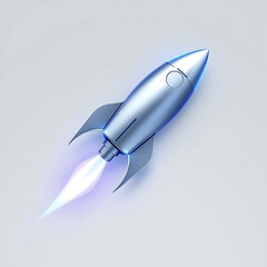 A futuristic rocket icon with a glowing engine trail and sleek, metallic design, set on a plain gray background. Ideal for space exploration or engineering themes.
