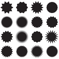 Set of vector starburst, sunburst badges. Starburst speech bubbles. Vector set of starburst, sunburst icons. Black Sunburst Promo Tags. Flat vintage stickers, labels on white background.