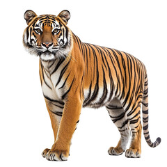 Fototapeta premium Angled view full body shot of an extremely perfect looking single Indochinese Tiger animal isolated on a white transparent background