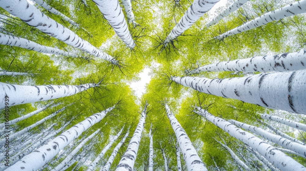 Aufkleber Low-angle view of birch trees with bright green leaves and sunlight filtering through the canopy.
