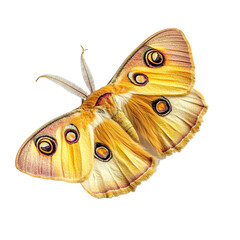 Fototapeta premium Angled view full body shot of an extremely perfect looking single Io Moth animal isolated on a white transparent background