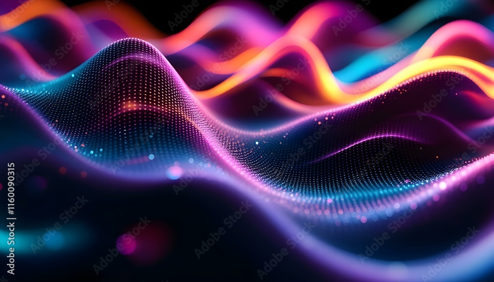 Poster Abstract flowing wavy lines. Colorful dynamic wave background design element for concepts of music, party, and technology. A colorful, abstract wall with a blue background. Wave style gradient